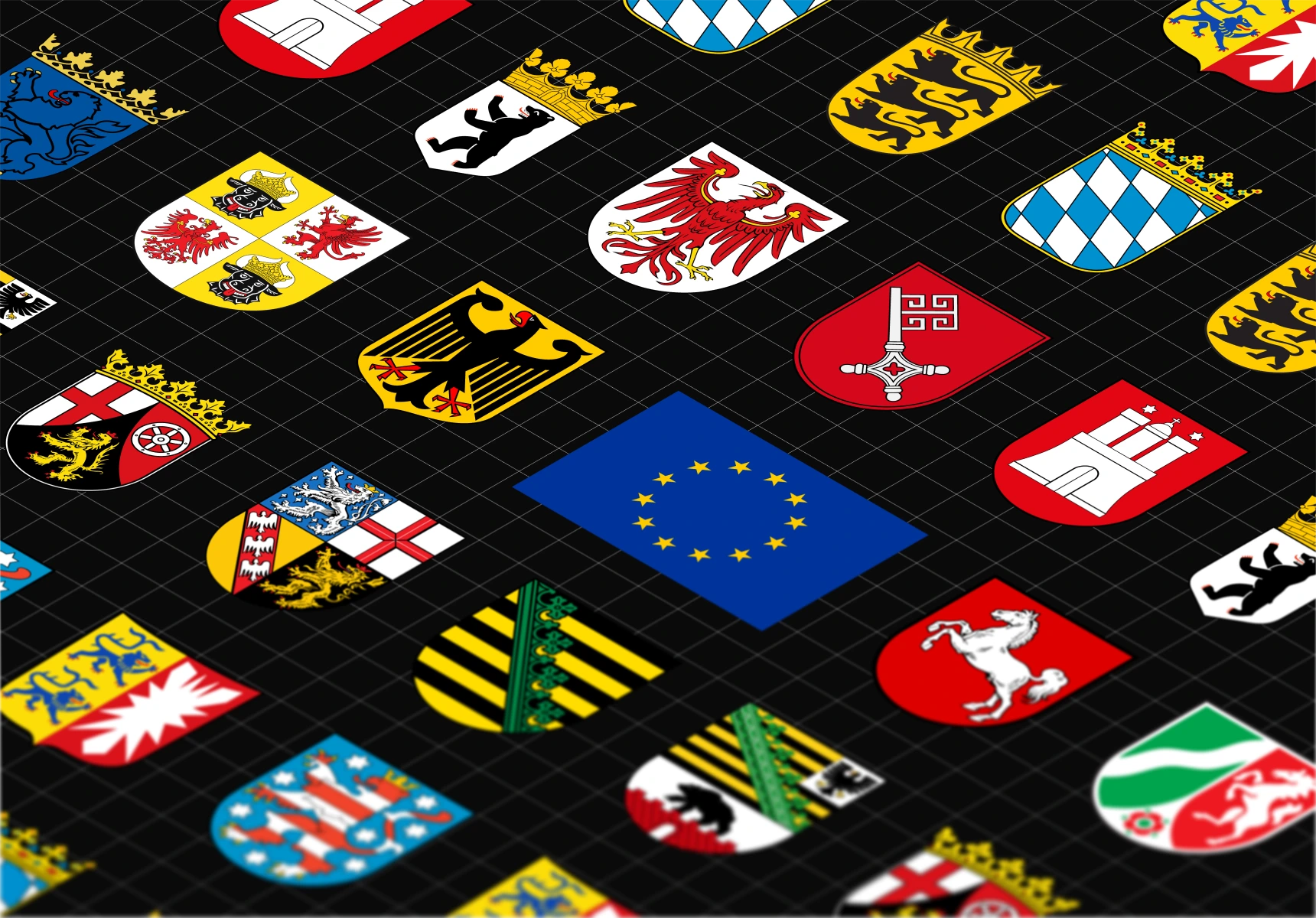 Das Bundeswappen, die Europaflagge sowie die Wappen der Bundesländer.